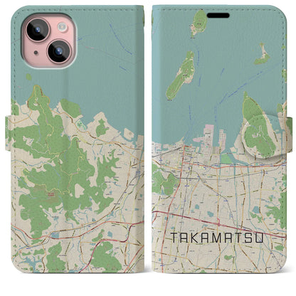 【高松（香川県）】地図柄iPhoneケース（手帳タイプ）ナチュラル・iPhone 15 Plus 用