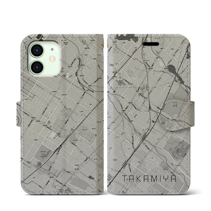 【高宮（滋賀県）】地図柄iPhoneケース（手帳タイプ）モノトーン・iPhone 12 mini 用