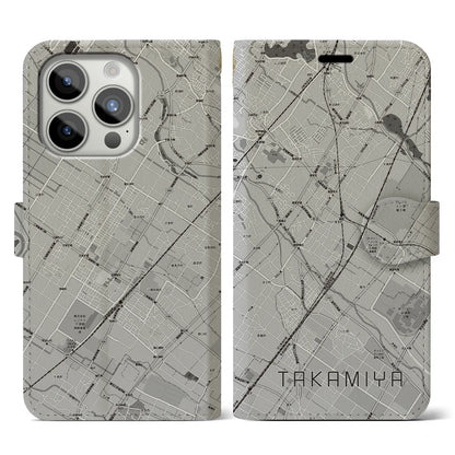 【高宮（滋賀県）】地図柄iPhoneケース（手帳タイプ）モノトーン・iPhone 15 Pro 用