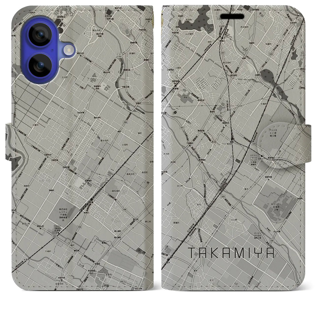 【高宮(滋賀県)】地図柄iPhoneケース(手帳タイプ)モノトーン・iPhone 16 Pro Max 用