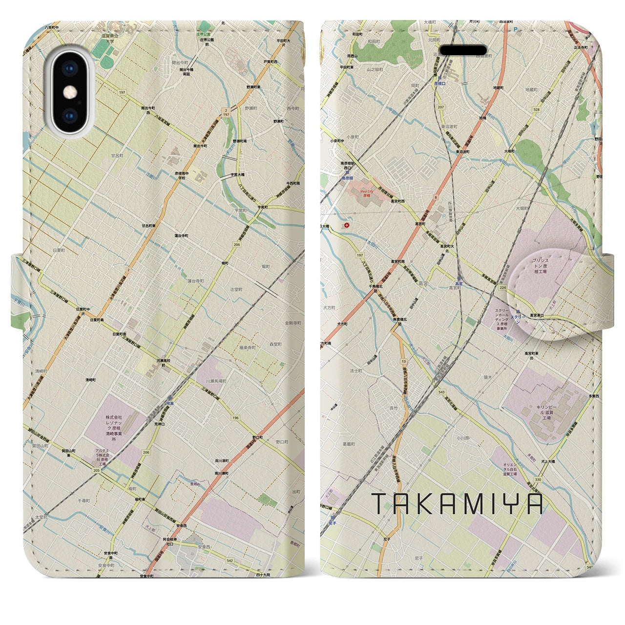 【高宮（滋賀県）】地図柄iPhoneケース（手帳タイプ）ナチュラル・iPhone XS Max 用