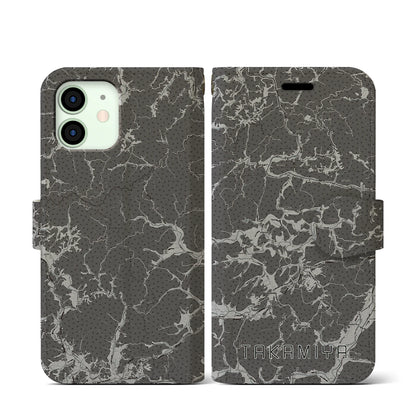 【高宮（広島県）】地図柄iPhoneケース（手帳タイプ）モノトーン・iPhone 12 mini 用