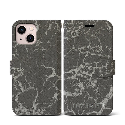 【高宮（広島県）】地図柄iPhoneケース（手帳タイプ）モノトーン・iPhone 13 mini 用