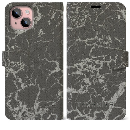 【高宮（広島県）】地図柄iPhoneケース（手帳タイプ）モノトーン・iPhone 15 Plus 用