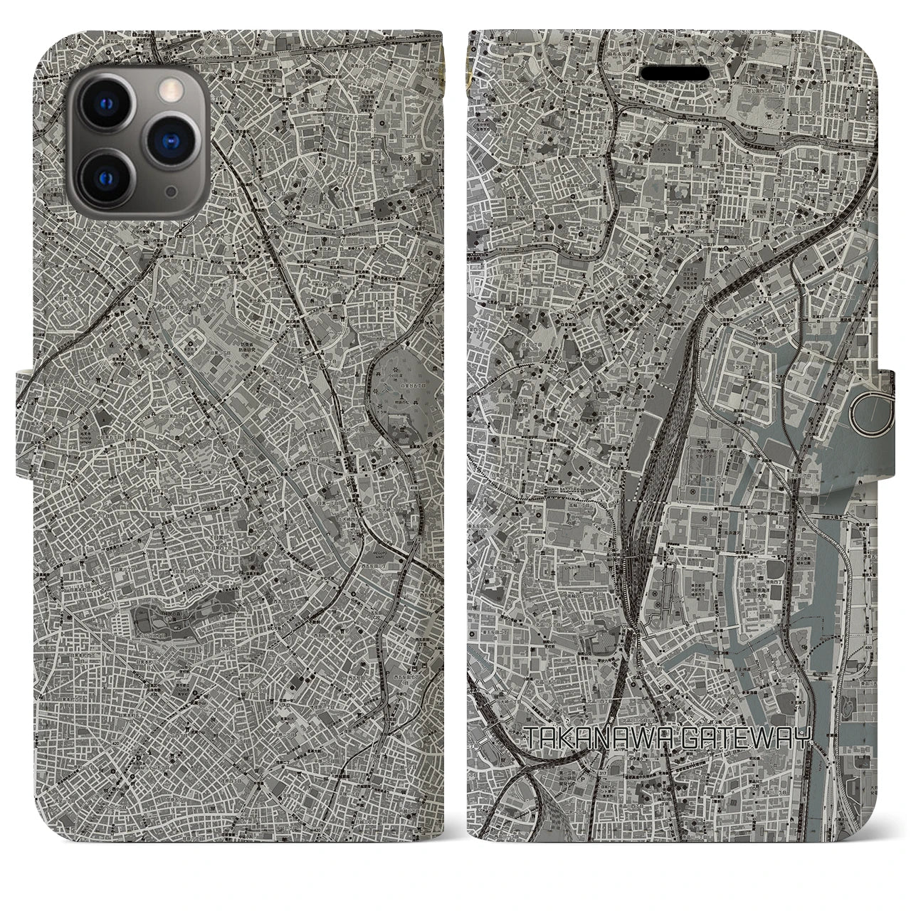 【高輪ゲートウェイ】地図柄iPhoneケース（手帳両面タイプ・モノトーン）iPhone 11 Pro Max 用