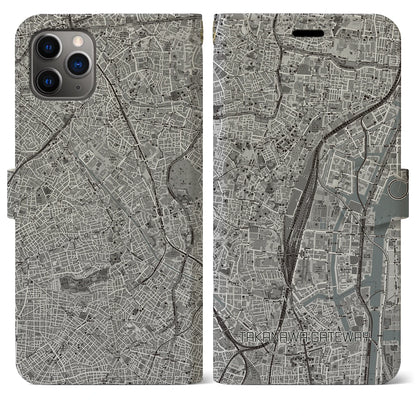 【高輪ゲートウェイ（東京都）】地図柄iPhoneケース（手帳タイプ）モノトーン・iPhone 11 Pro Max 用
