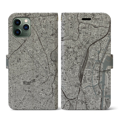 【高輪ゲートウェイ（東京都）】地図柄iPhoneケース（手帳タイプ）モノトーン・iPhone 11 Pro 用