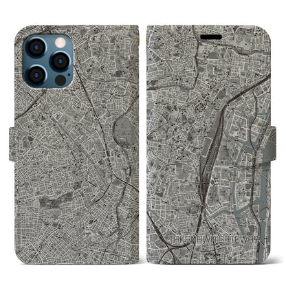 【高輪ゲートウェイ（東京都）】地図柄iPhoneケース（手帳タイプ）モノトーン・iPhone 12 / 12 Pro 用