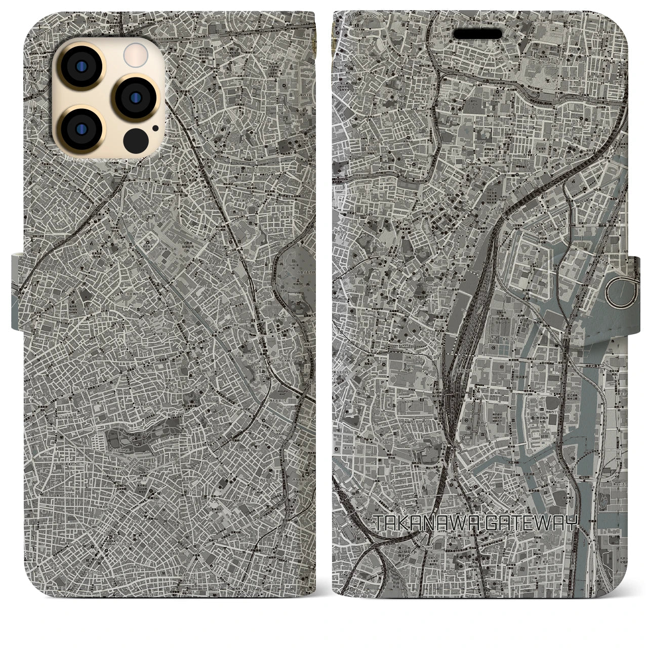 【高輪ゲートウェイ】地図柄iPhoneケース（手帳両面タイプ・モノトーン）iPhone 12 Pro Max 用