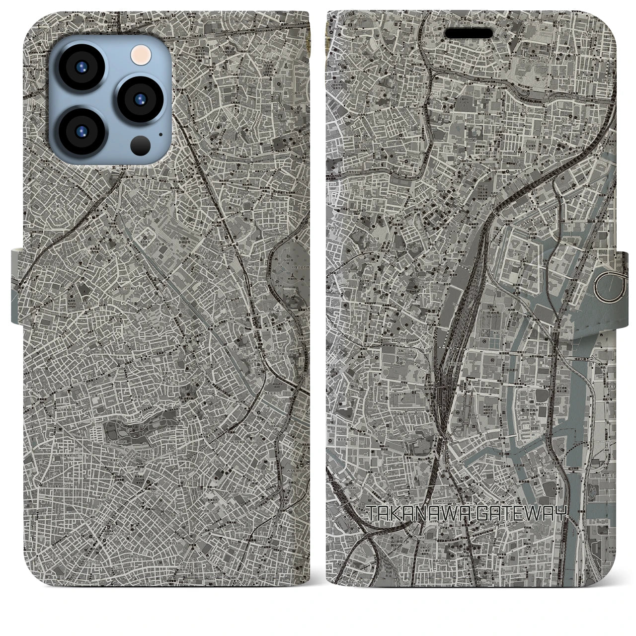 【高輪ゲートウェイ】地図柄iPhoneケース（手帳両面タイプ・モノトーン）iPhone 13 Pro Max 用