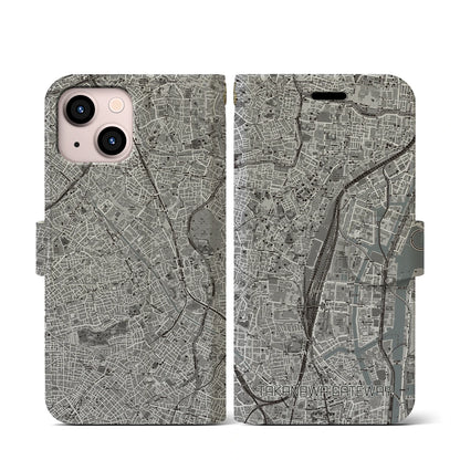 【高輪ゲートウェイ（東京都）】地図柄iPhoneケース（手帳タイプ）モノトーン・iPhone 13 mini 用