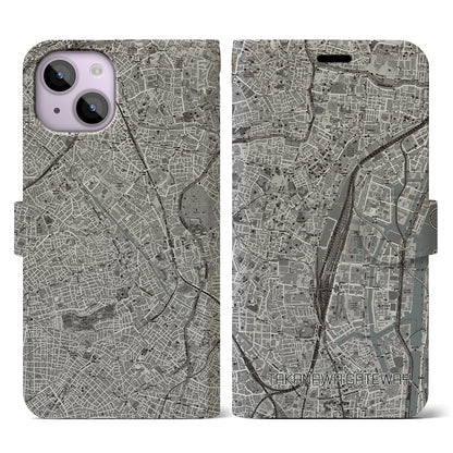 【高輪ゲートウェイ（東京都）】地図柄iPhoneケース（手帳タイプ）モノトーン・iPhone 14 用