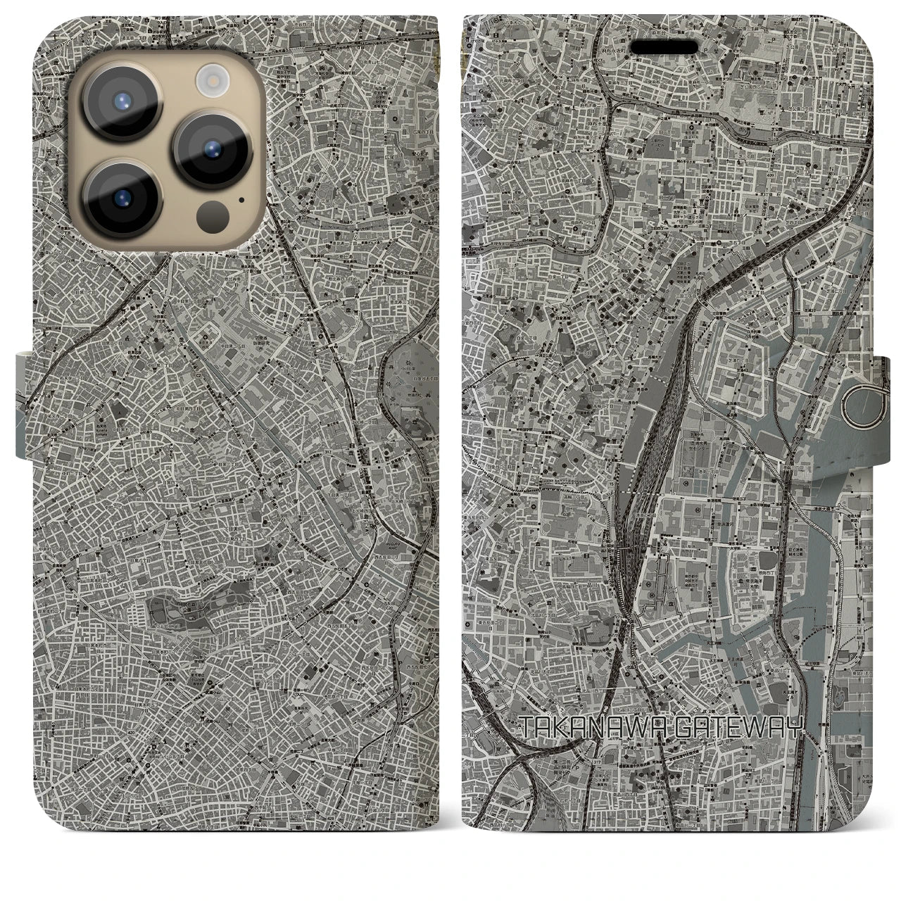 【高輪ゲートウェイ】地図柄iPhoneケース（手帳両面タイプ・モノトーン）iPhone 14 Pro Max 用