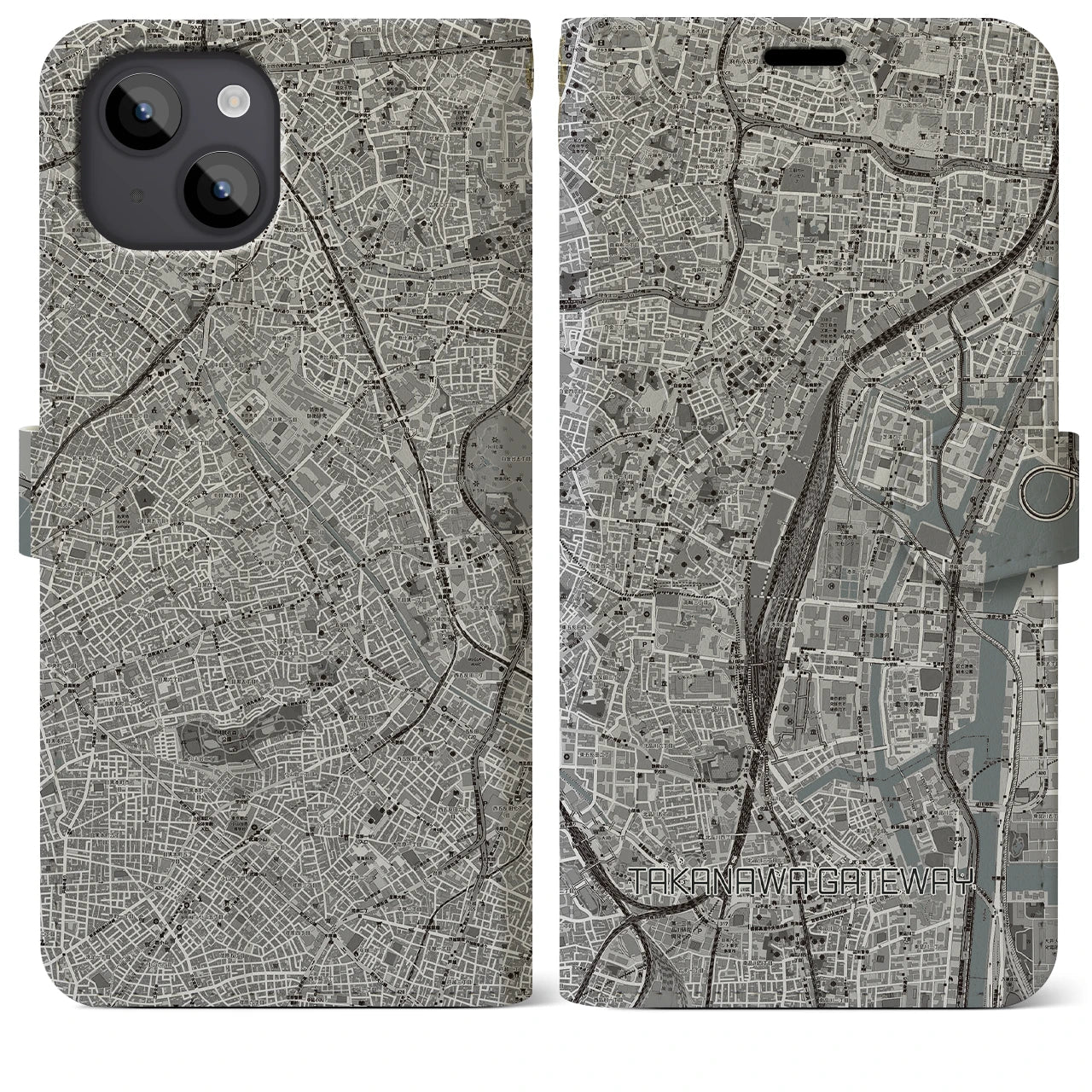 【高輪ゲートウェイ】地図柄iPhoneケース（手帳両面タイプ・モノトーン）iPhone 14 Plus 用