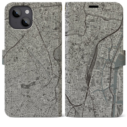 【高輪ゲートウェイ（東京都）】地図柄iPhoneケース（手帳タイプ）モノトーン・iPhone 14 Plus 用