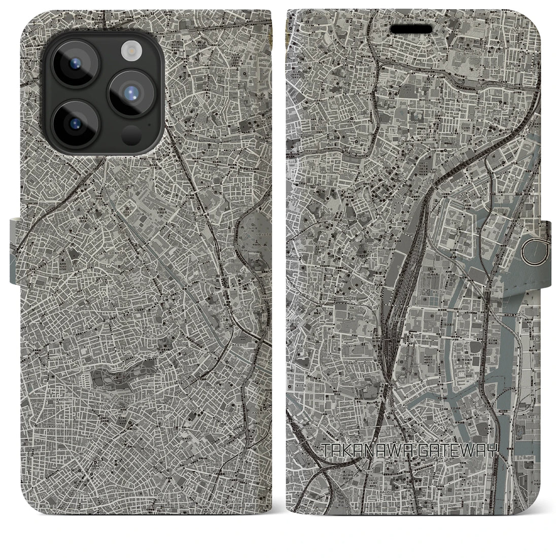 【高輪ゲートウェイ】地図柄iPhoneケース（手帳両面タイプ・モノトーン）iPhone 15 Pro Max 用