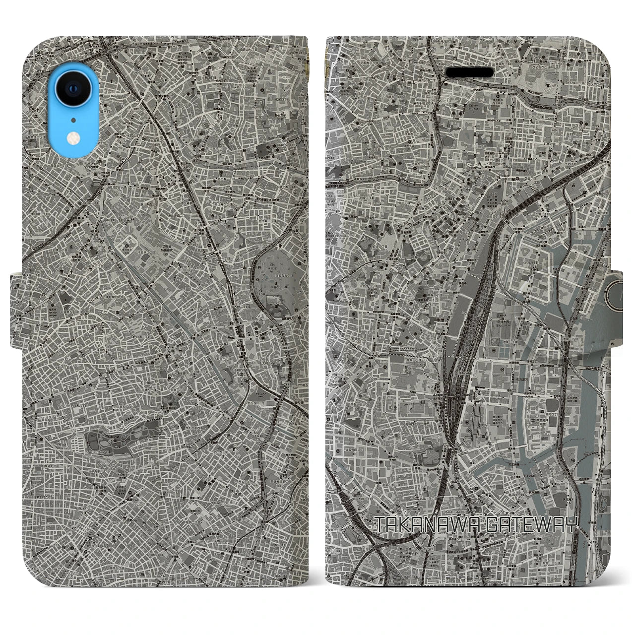 【高輪ゲートウェイ】地図柄iPhoneケース（手帳両面タイプ・モノトーン）iPhone XR 用