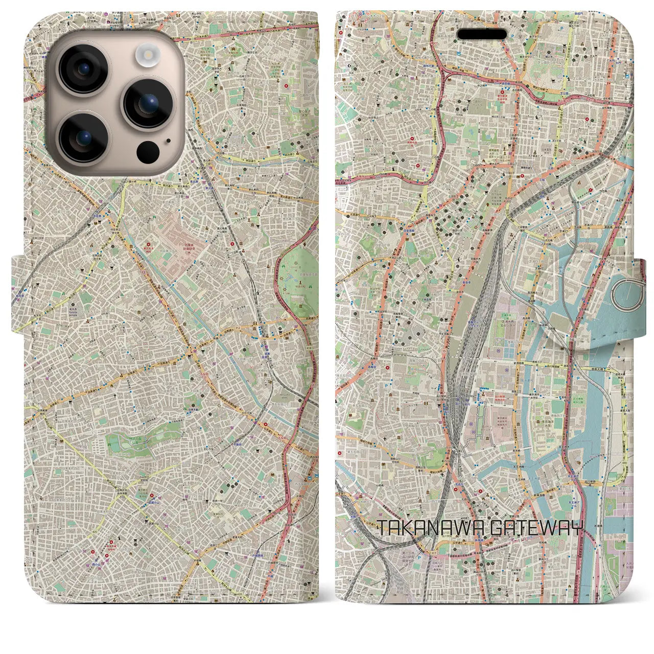 【高輪ゲートウェイ（東京都）】地図柄iPhoneケース（手帳タイプ）ナチュラル・iPhone 16 Plus 用