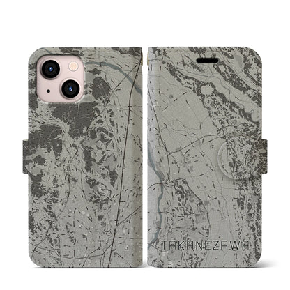 【高根沢（栃木県）】地図柄iPhoneケース（手帳タイプ）モノトーン・iPhone 13 mini 用