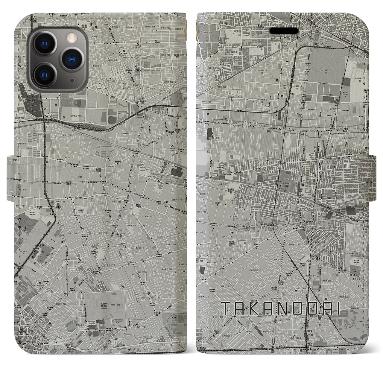 【鷹の台】地図柄iPhoneケース（手帳両面タイプ・モノトーン）iPhone 11 Pro Max 用