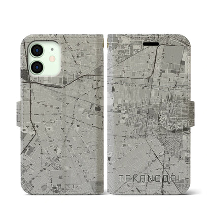 【鷹の台（東京都）】地図柄iPhoneケース（手帳タイプ）モノトーン・iPhone 12 mini 用