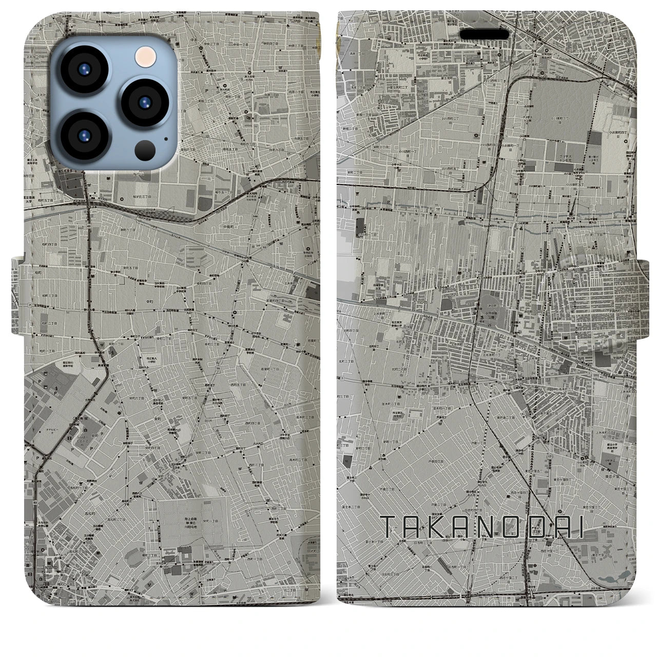 【鷹の台】地図柄iPhoneケース（手帳両面タイプ・モノトーン）iPhone 13 Pro Max 用