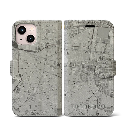 【鷹の台（東京都）】地図柄iPhoneケース（手帳タイプ）モノトーン・iPhone 13 mini 用