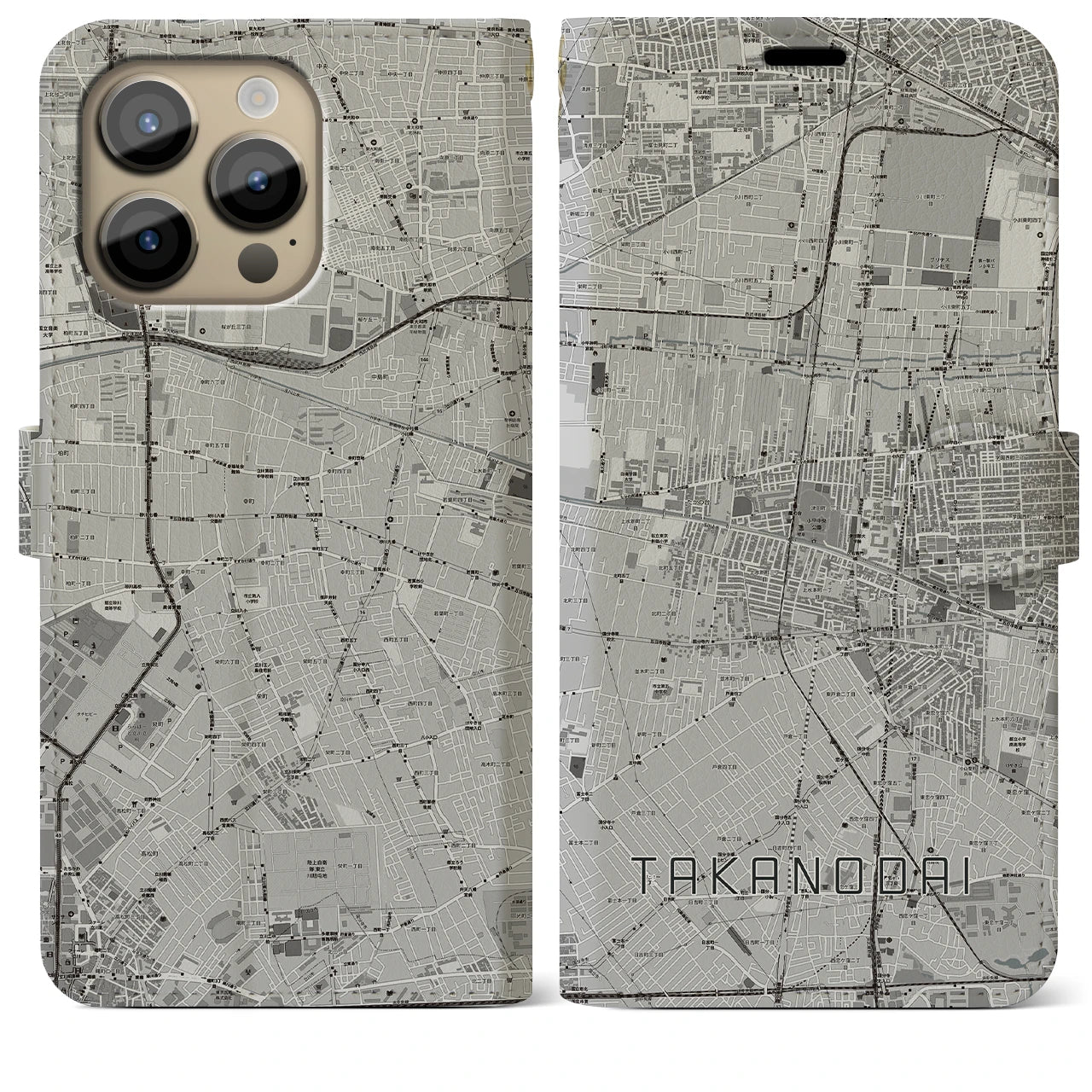 【鷹の台】地図柄iPhoneケース（手帳両面タイプ・モノトーン）iPhone 14 Pro Max 用