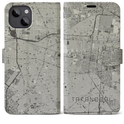 【鷹の台（東京都）】地図柄iPhoneケース（手帳タイプ）モノトーン・iPhone 14 Plus 用