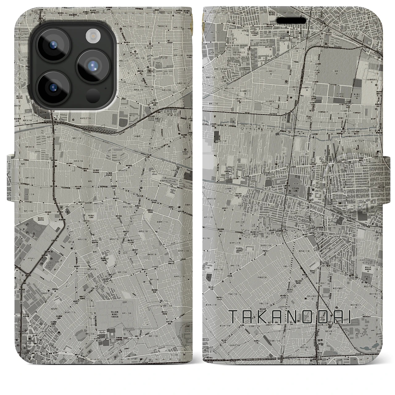 【鷹の台】地図柄iPhoneケース（手帳両面タイプ・モノトーン）iPhone 15 Pro Max 用