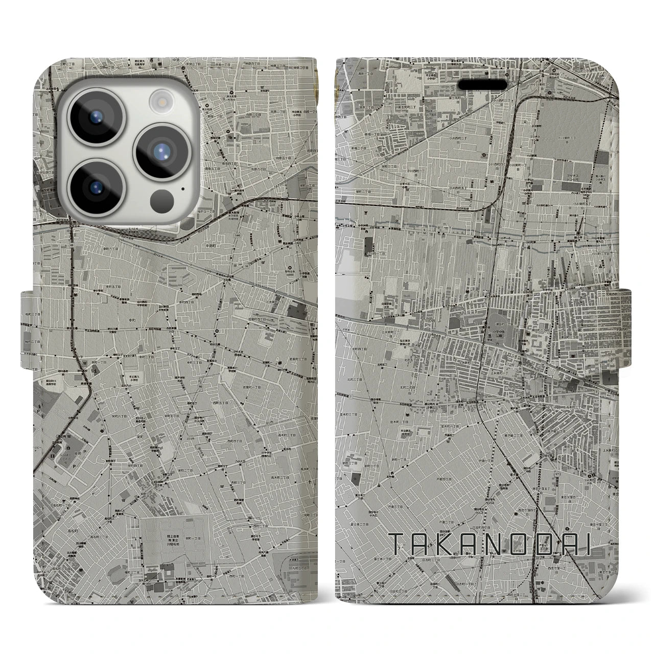 【鷹の台】地図柄iPhoneケース（手帳両面タイプ・モノトーン）iPhone 15 Pro 用