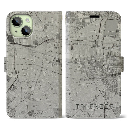 【鷹の台（東京都）】地図柄iPhoneケース（手帳タイプ）モノトーン・iPhone 15 用