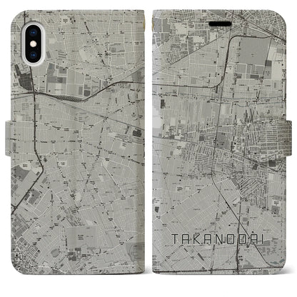 【鷹の台（東京都）】地図柄iPhoneケース（手帳タイプ）モノトーン・iPhone XS Max 用