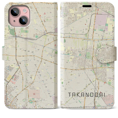 【鷹の台（東京都）】地図柄iPhoneケース（手帳タイプ）ナチュラル・iPhone 15 Plus 用