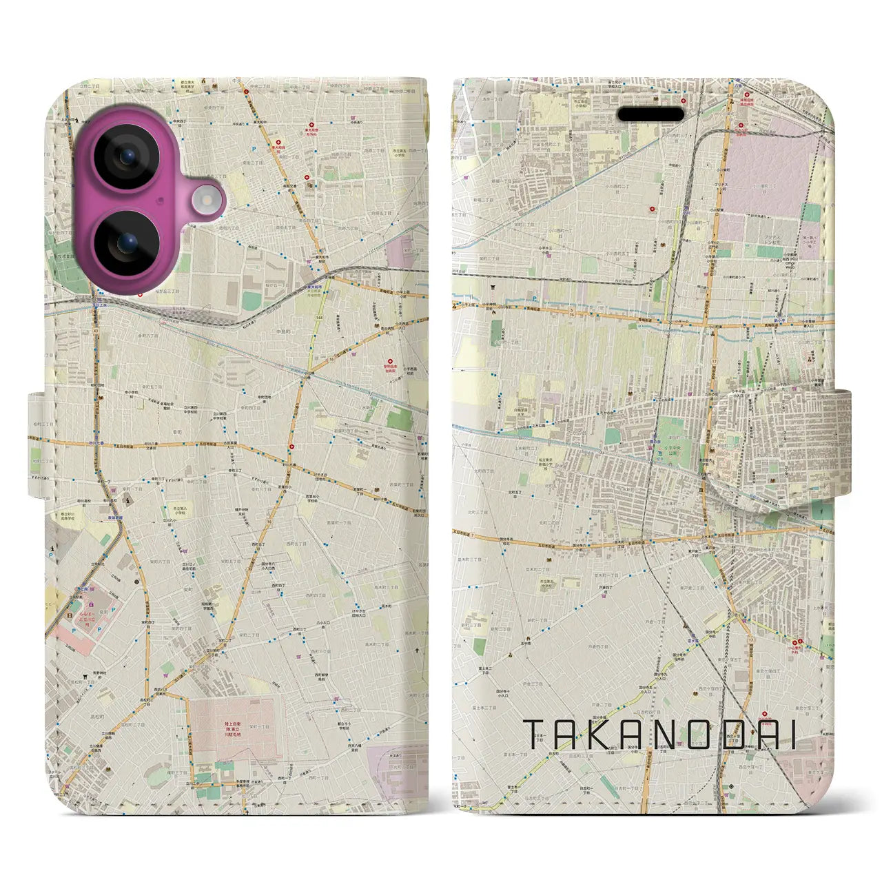 【鷹の台（東京都）】地図柄iPhoneケース（手帳タイプ）ナチュラル・iPhone 16 Pro 用