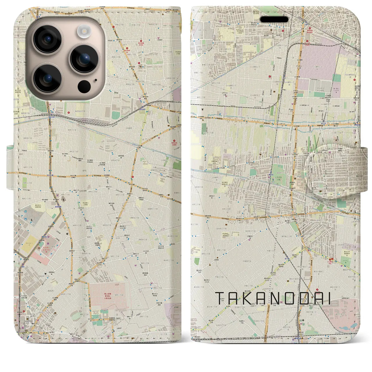 【鷹の台（東京都）】地図柄iPhoneケース（手帳タイプ）ナチュラル・iPhone 16 Plus 用