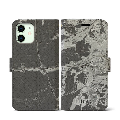 【高尾（東京都）】地図柄iPhoneケース（手帳タイプ）モノトーン・iPhone 12 mini 用