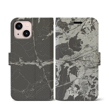 【高尾（東京都）】地図柄iPhoneケース（手帳タイプ）モノトーン・iPhone 13 mini 用