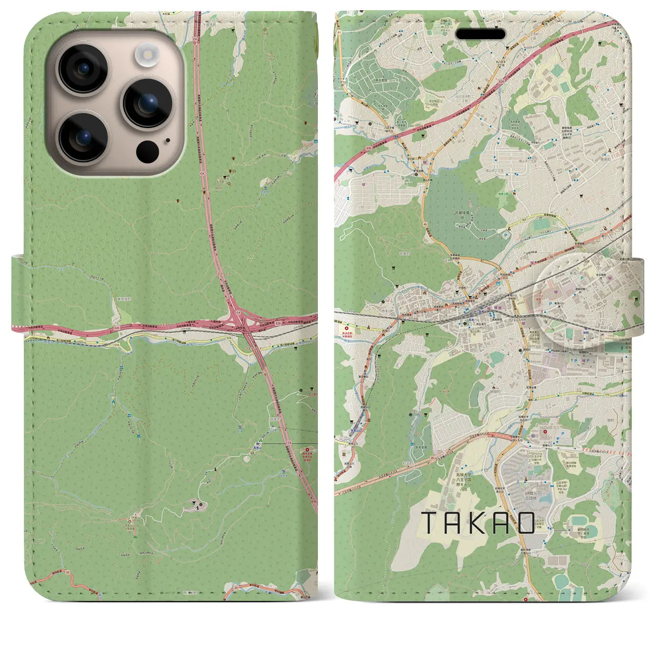 【高尾（東京都）】地図柄iPhoneケース（手帳タイプ）ナチュラル・iPhone 16 Plus 用