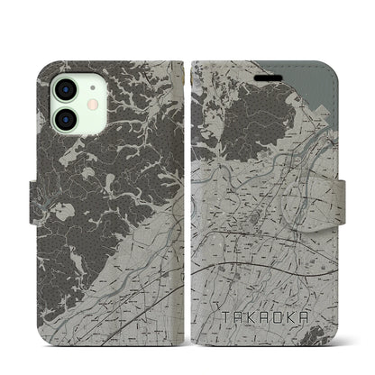【高岡（富山県）】地図柄iPhoneケース（手帳タイプ）モノトーン・iPhone 12 mini 用