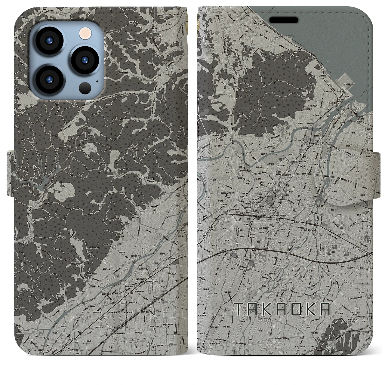 【高岡】地図柄iPhoneケース（手帳両面タイプ・モノトーン）iPhone 13 Pro Max 用