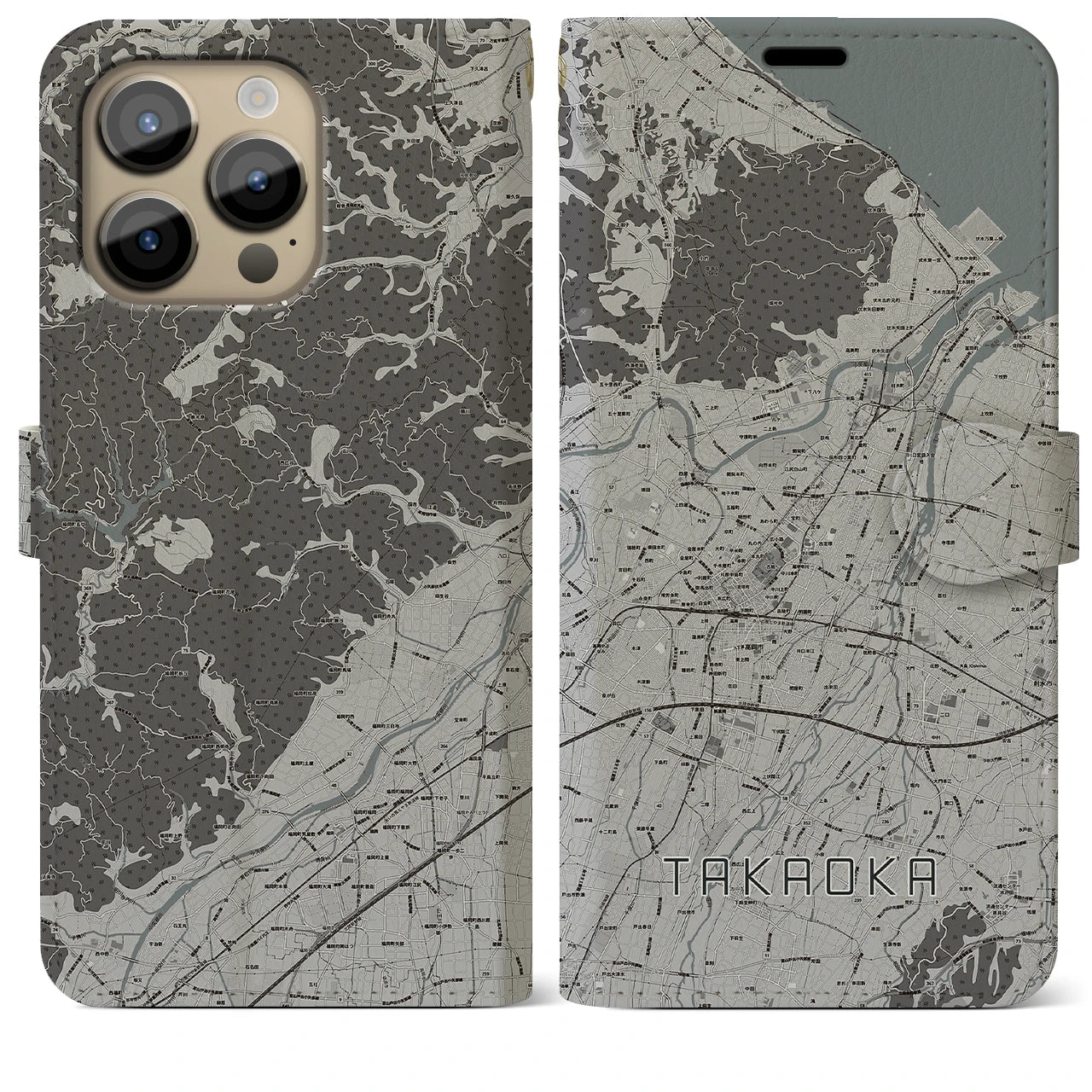 【高岡】地図柄iPhoneケース（手帳両面タイプ・モノトーン）iPhone 14 Pro Max 用