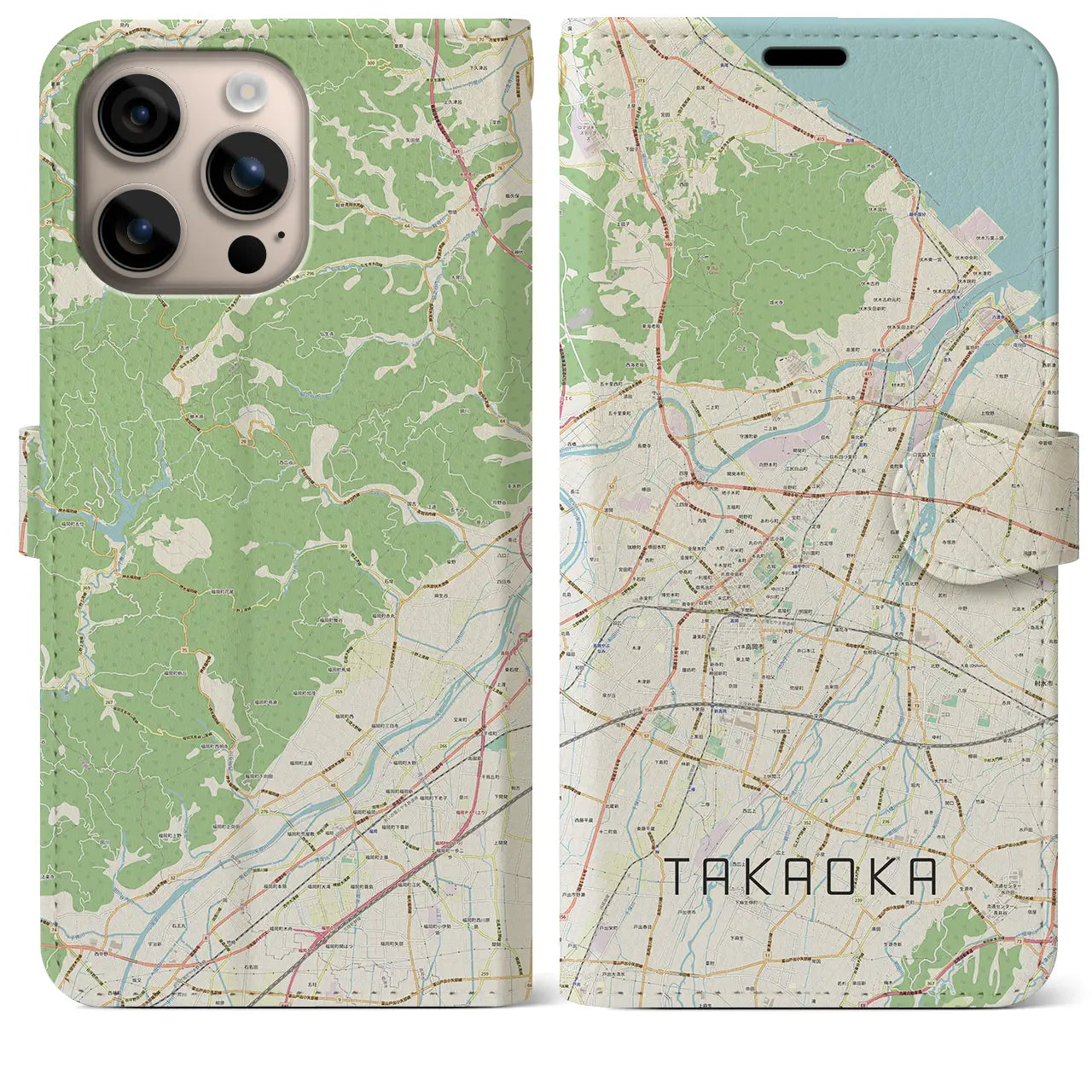 【高岡（富山県）】地図柄iPhoneケース（手帳タイプ）ナチュラル・iPhone 16 Plus 用