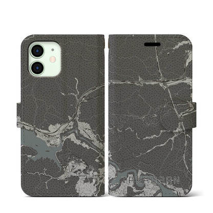 【高尾山（東京都）】地図柄iPhoneケース（手帳タイプ）モノトーン・iPhone 12 mini 用