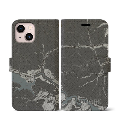 【高尾山（東京都）】地図柄iPhoneケース（手帳タイプ）モノトーン・iPhone 13 mini 用