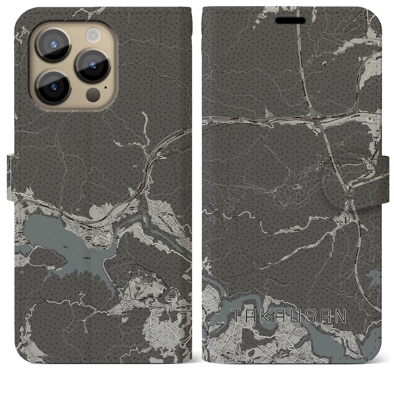 【高尾山】地図柄iPhoneケース（手帳両面タイプ・モノトーン）iPhone 14 Pro Max 用