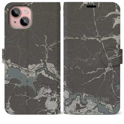 【高尾山（東京都）】地図柄iPhoneケース（手帳タイプ）モノトーン・iPhone 15 Plus 用