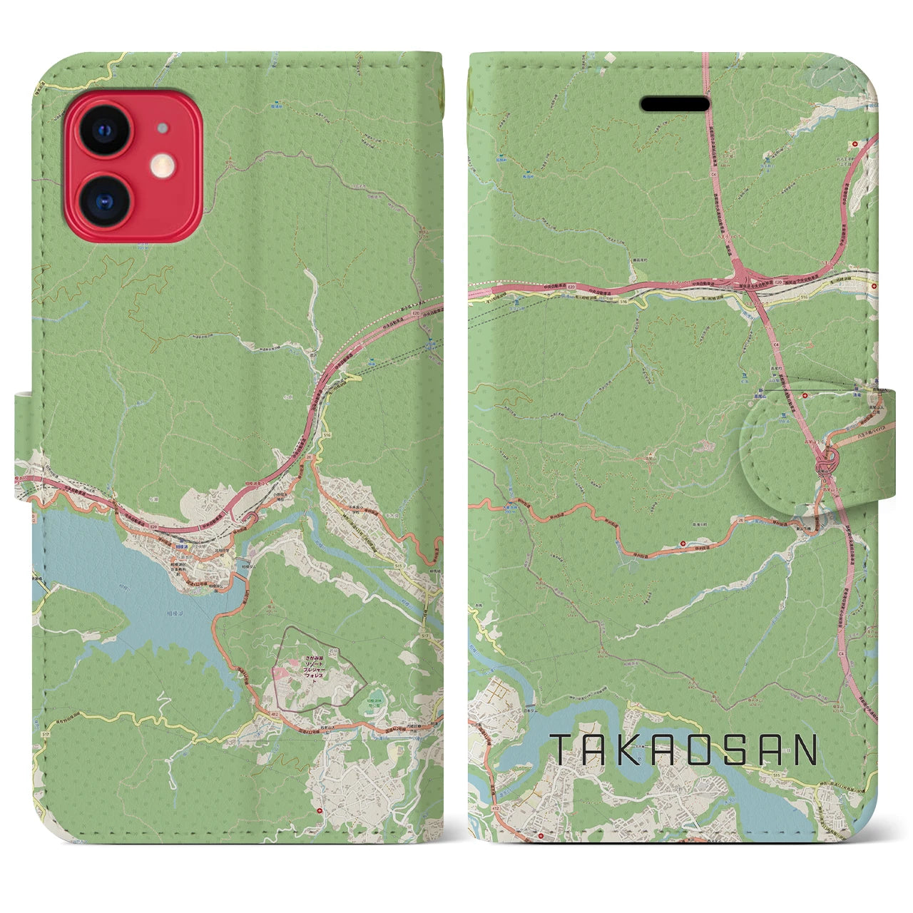 【高尾山】地図柄iPhoneケース（手帳両面タイプ・ナチュラル）iPhone 11 用