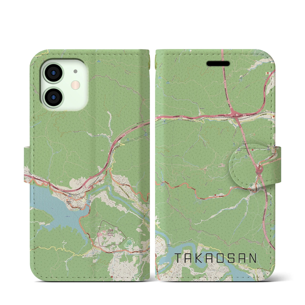 【高尾山】地図柄iPhoneケース（手帳両面タイプ・ナチュラル）iPhone 12 mini 用