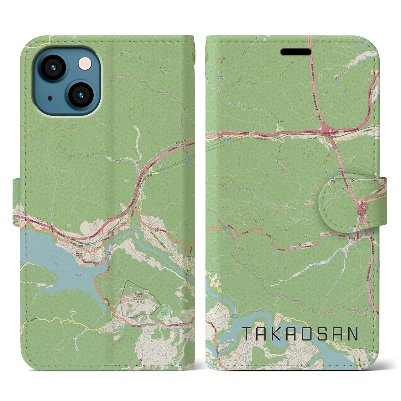 【高尾山】地図柄iPhoneケース（手帳両面タイプ・ナチュラル）iPhone 13 用